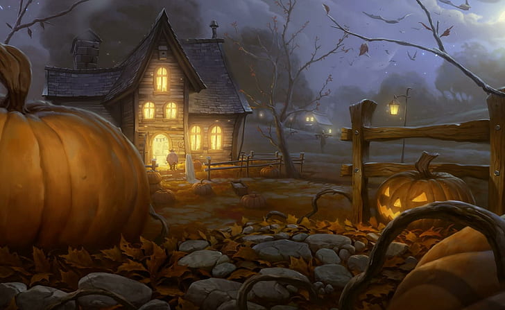 halloween, holiday, night, home, light, pumpkin, lantern jack, HD wallpaper