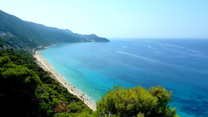 Greece, Lefkada, cyan, beach, horizon, sea, water, waves, landscape, HD wallpaper