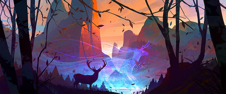 digital art, artwork, illustration, forest, trees, deer, animals, HD wallpaper