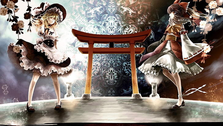 two female anime characters standing on Itsukushima shrine illustration