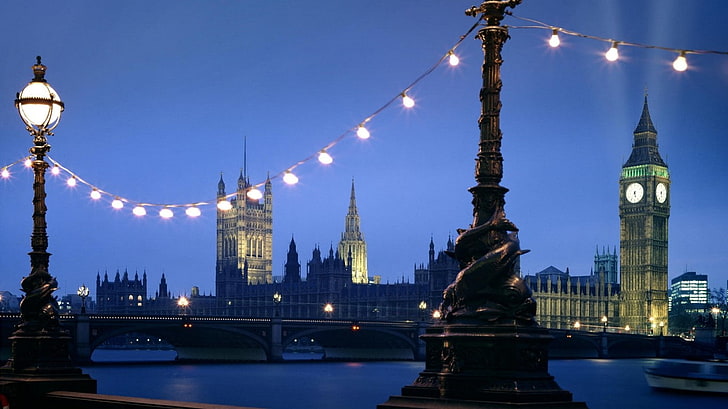 London, light bulb, statue, bridge, Big Ben, UK, River Thames, HD wallpaper