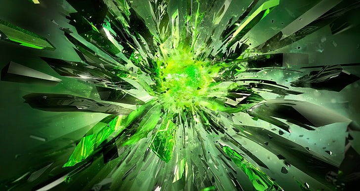 green crystals illustration, debris, explosion, light, abstract