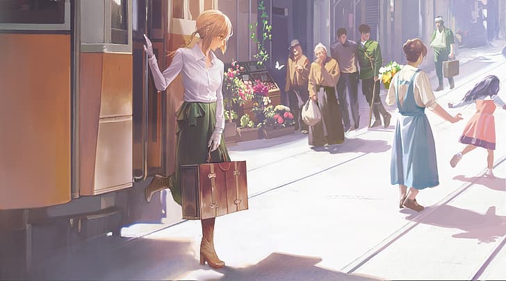 Violet Evergarden (character), anime, tram, flowers, digital art, HD wallpaper