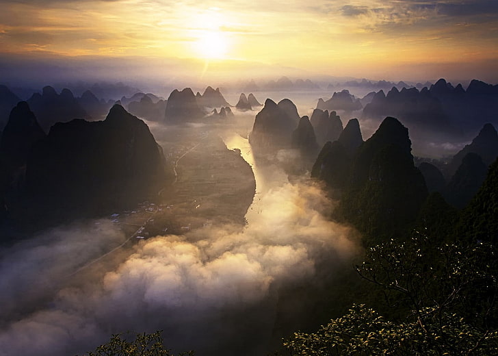 landscape, road, sky, river, mountains, town, mist, China, nature