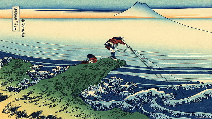 Hokusai, landscape, Japan, Wood block, men, day, real people