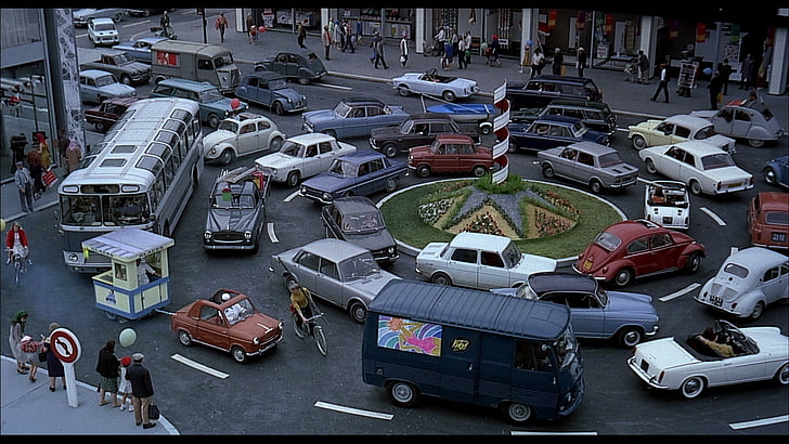 vehicle lot, Jacques Tati, Monsieur Hulot, Playtime, car, mode of transportation