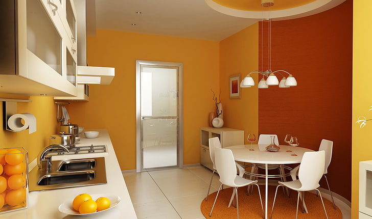 HD wallpaper: round white wooden 6-seat dining set, design, room ...