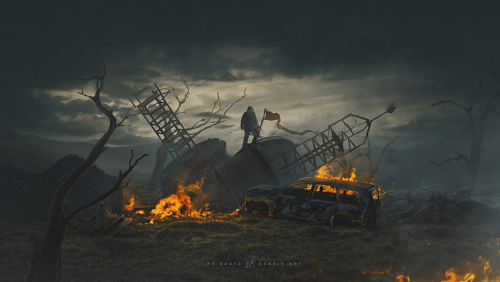 game application screenshot, fire, car, flag, destruction, burning