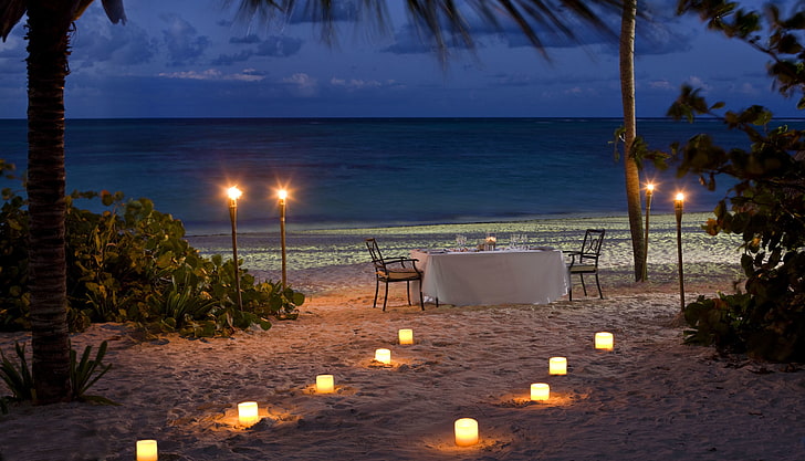 white sand, beach, the ocean, romance, the evening, candles, sunset