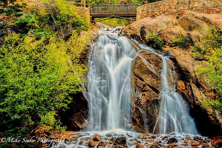waterfall near trees during daytime, colorado springs, colorado springs HD wallpaper