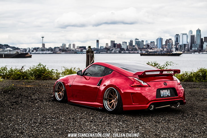 red Volkswagen Beetle coupe photo, Nissan, Nissan 350Z, Stance