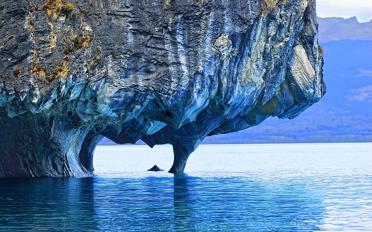 cave, blue, mountains, Chile, erosion, landscape, lake, nature, HD wallpaper