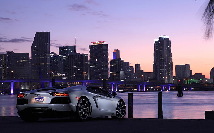 gray sports car in front of city building, Lamborghini, Lamborghini Aventador LP700-4 Roadster