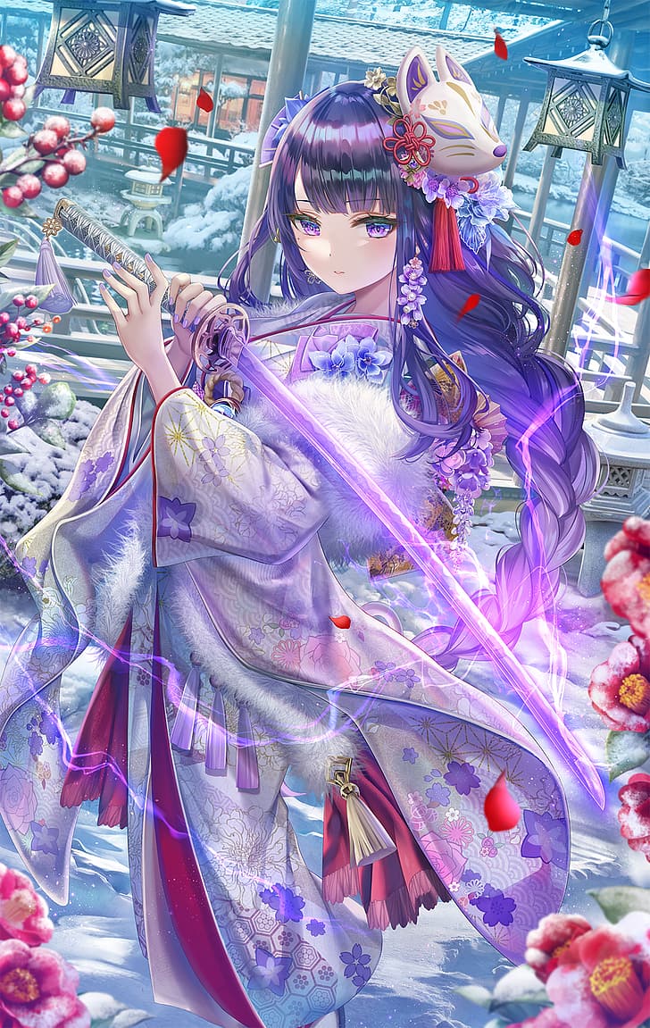 Torino Akua, kimono, portrait display, snow, Genshin Impact, HD wallpaper