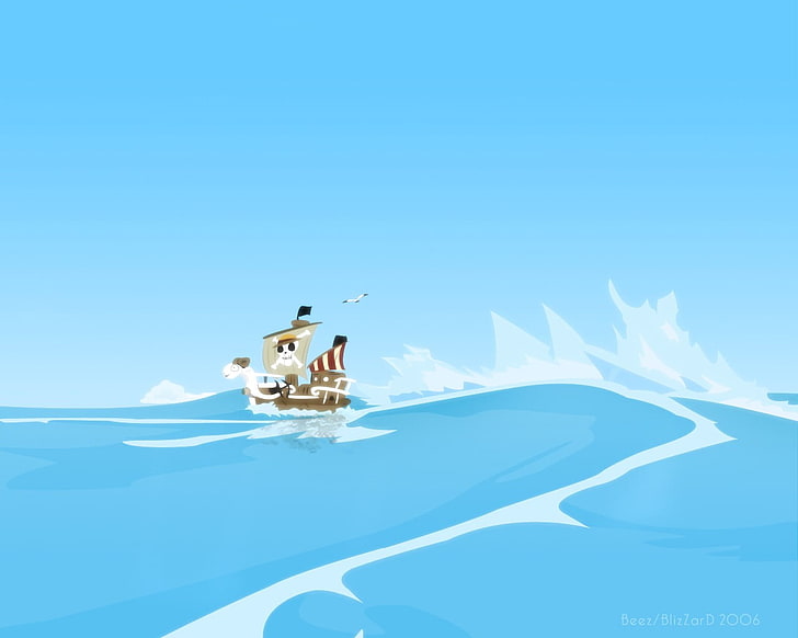 Going Merry, One Piece, anime, blue, sky, water, transportation, HD wallpaper