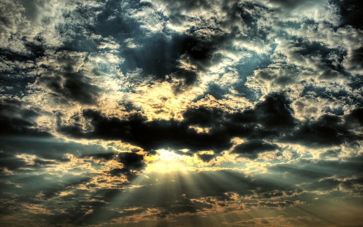 HDR, sunlight, sky, clouds, sun rays, HD wallpaper