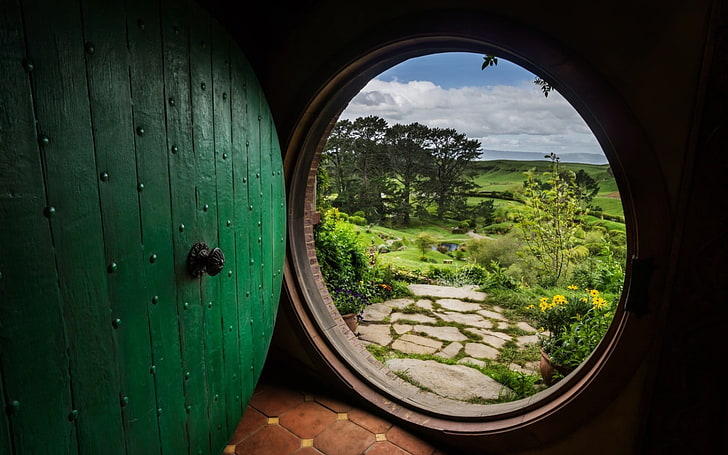 green wooden door, nature, Bag End, The Shire, The Lord of the Rings, HD wallpaper