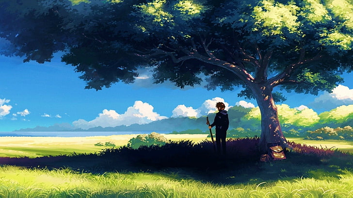 man standing under the tree digital wallpaper, nature, anime