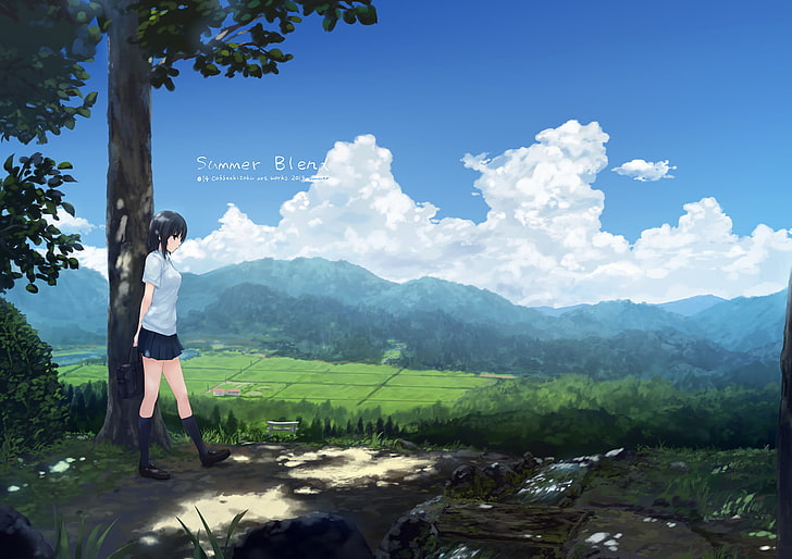 HD wallpaper: anime landscape, scenic, girl, summer blend, sky, clouds,  field | Wallpaper Flare