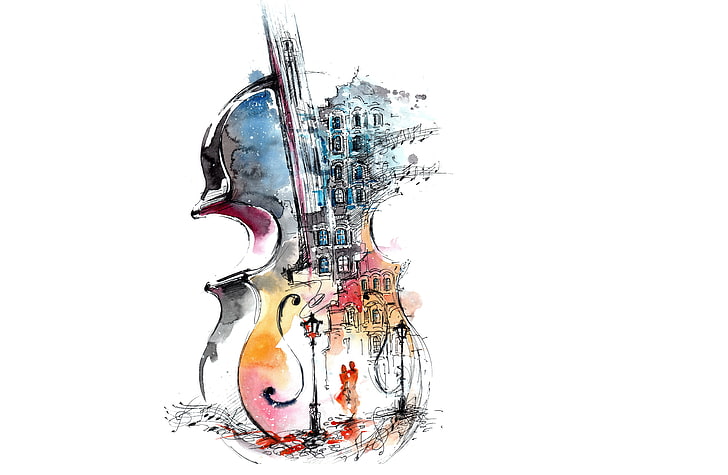 multicolored violin artwork, girl, love, street, pair, lantern