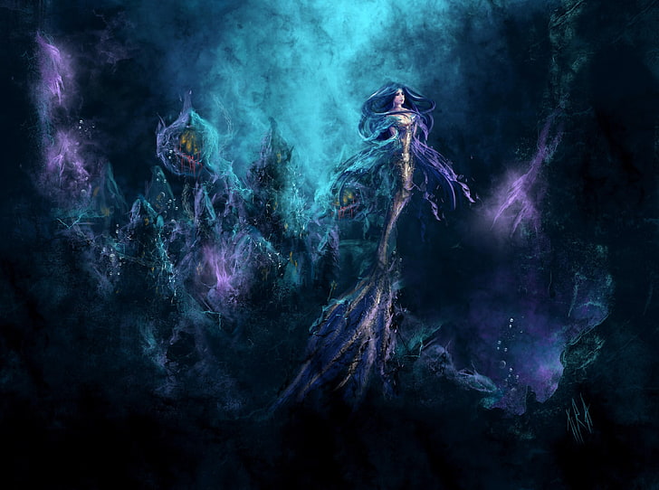 blue haired mermaid digital art, underwater, depth, people, deep