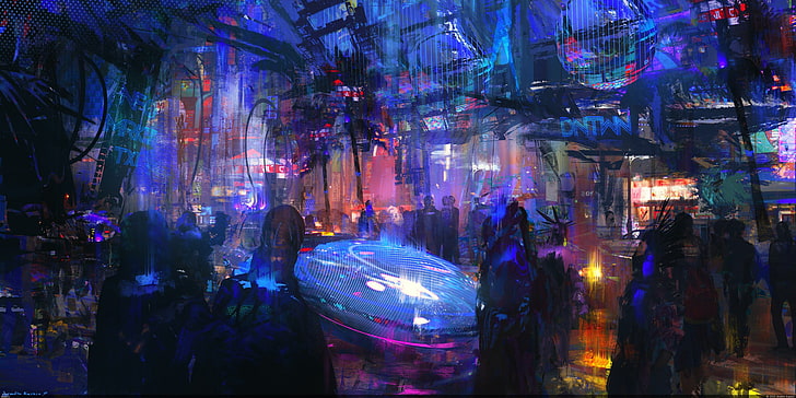 people gathering digital art, artwork, cyberpunk, city, futuristic city