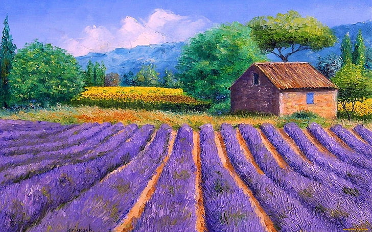 artist, house, lavender, impressionist, jean marc janiaczyk, HD wallpaper