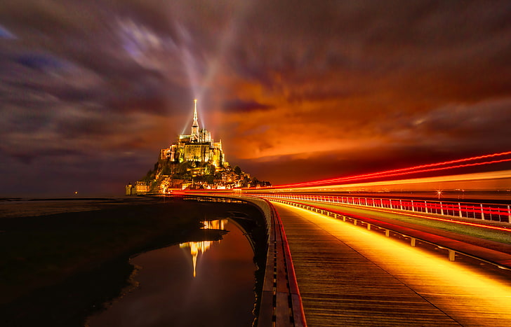4K, France, Island, Mont Saint-Michel, Night lights, Normandy