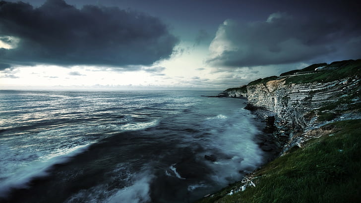 sea, clouds, coast, cliff, nature, HD wallpaper