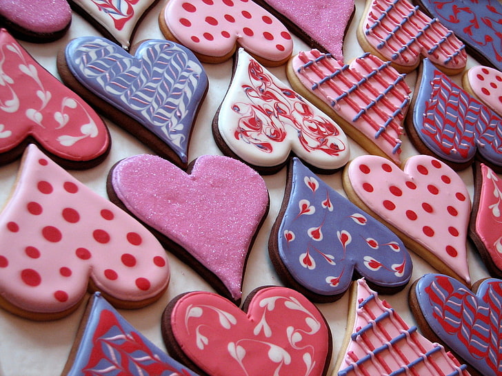 cookies, heart, pink, icing, Valentine's Day, heart shape, pattern, HD wallpaper