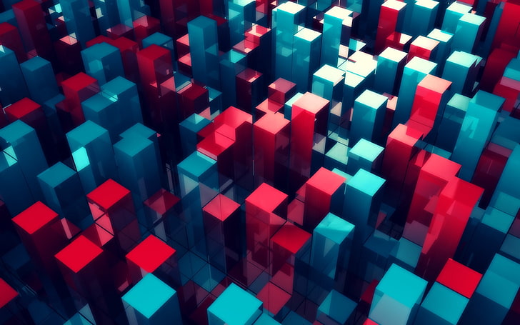 blue and red 3D digital wallpaper, abstract, cube, 3D Blocks