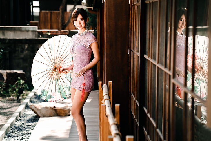 umbrella, dress, Oriental girl, chingcho Chang, HD wallpaper