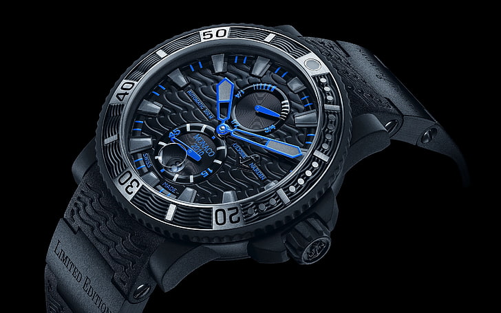 watch, black background, dark, Ulysse Nardin, metal, wristwatch