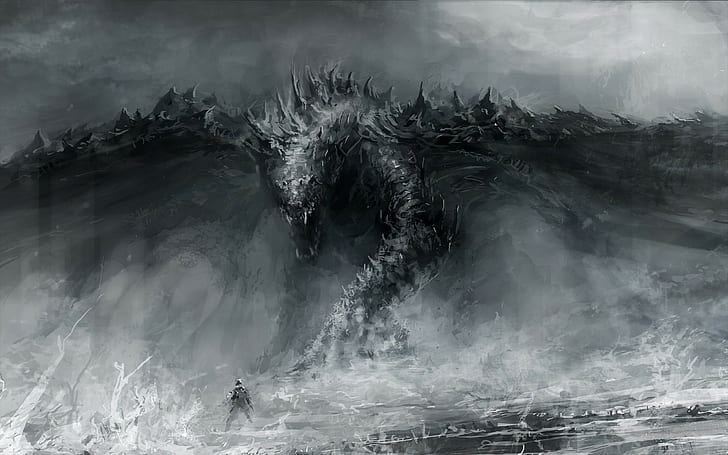 grayscale painting of sea monster, fantasy art, dragon, water, HD wallpaper