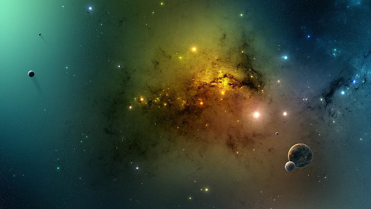 green, yellow, and black galaxy, space, space art, star - space, HD wallpaper