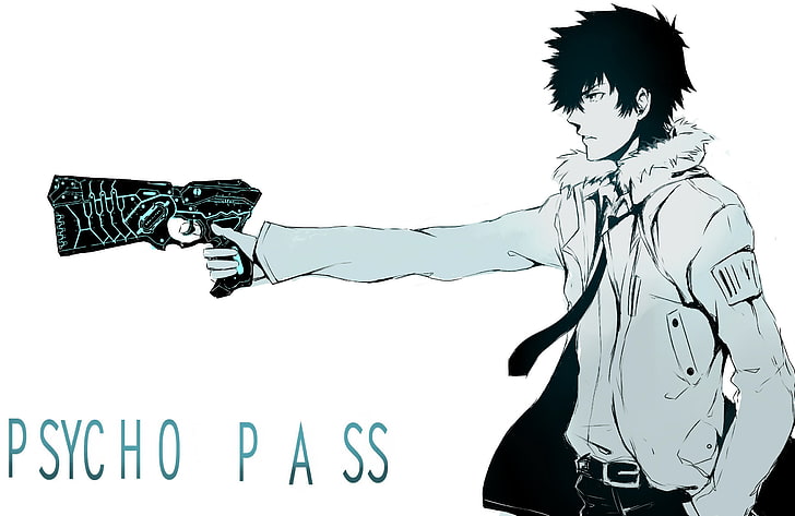 Psycho-Pass, Kougami Shinya, one person, white background, studio shot