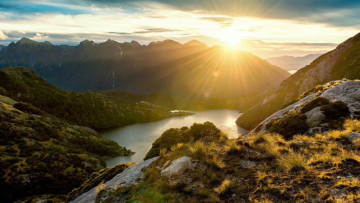 sunrise, lake, fiordland, national park, new zealand, mountains, HD wallpaper