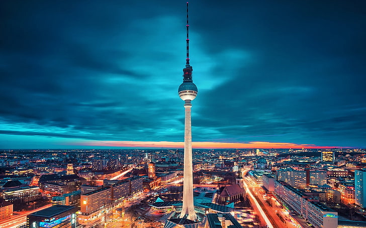 Oriental Pearl Tower China, cityscape, lights, Berlin, clouds, HD wallpaper