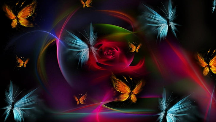 digital art, 3d, butterflies, butterfly, flower, colorful, shine, HD wallpaper