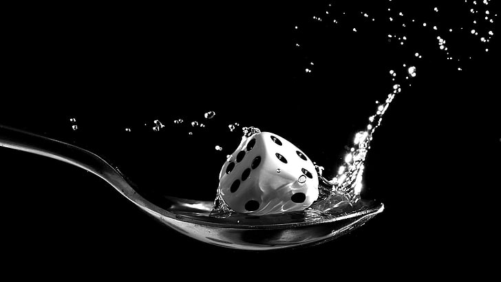 grayscale photography of spoon and dice, spoons, cube, dots, splashes