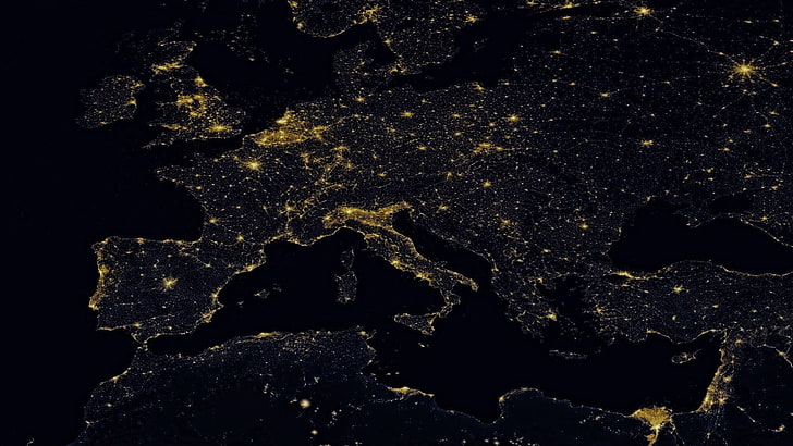 black and yellow wallpaper, map, night, Europe, no people, pattern, HD wallpaper