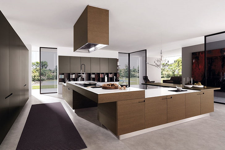 brown and white wooden kitchen island, design, style, Villa, interior, HD wallpaper