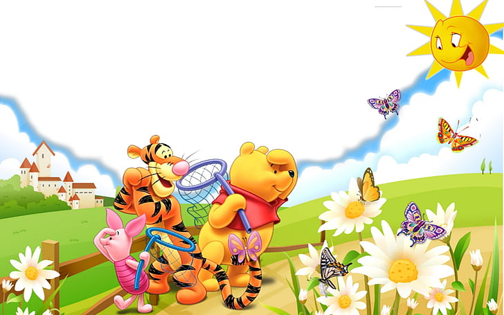 Winnie The Pooh Tigger Piglet Spring Hunting Butterfly Desktop Wallpaper Hd Resolution 1920×1200, HD wallpaper