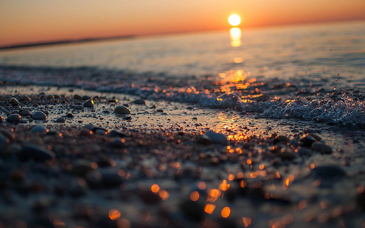 pebble stone and body of water, seashore photo taken during golden hour