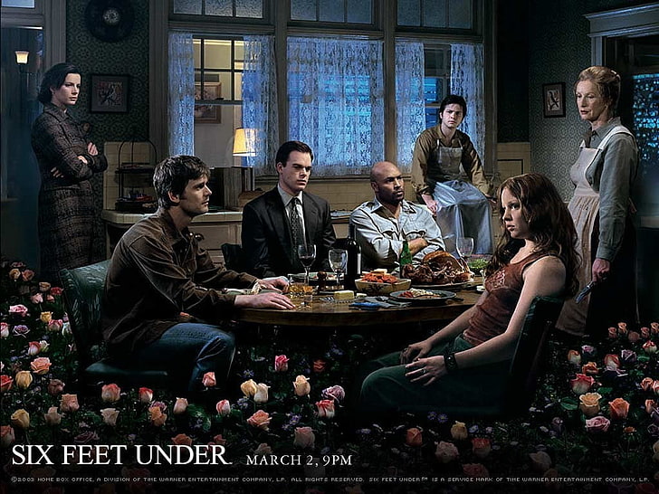 Six Feet Under poster, movie poster, group of people, women, food and drink