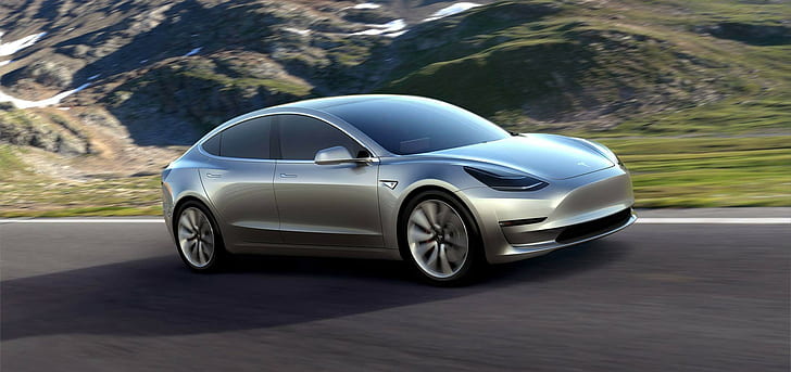 Tesla Motors, Model 3, electric car, mountains, road