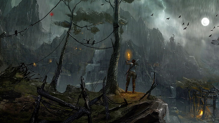person standing torch near tree digital wallpaper, Tomb Raider
