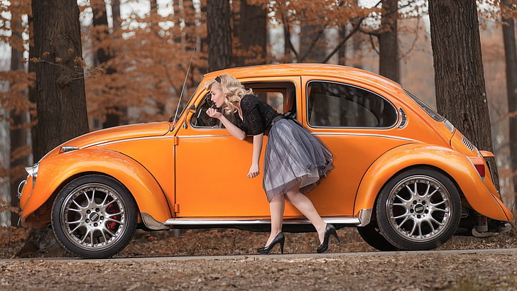 orange Volkswagen Beetle, women, model, blonde, long hair, women outdoors
