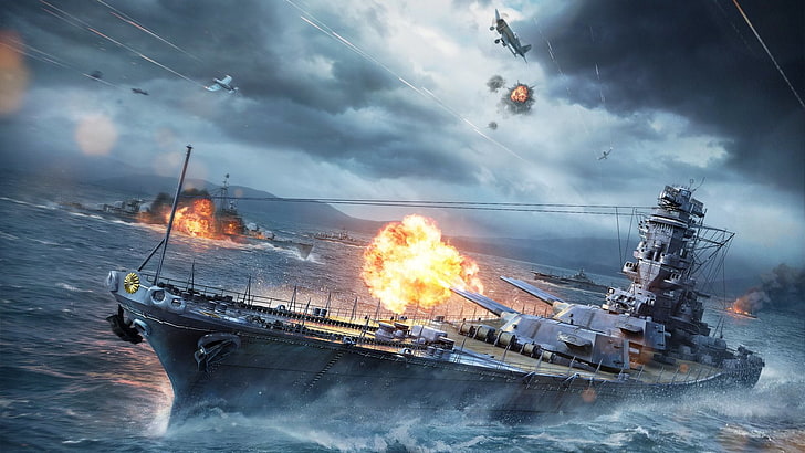 grey battleship and aircraft digital wallpaper, The sky, Water