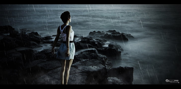 women, sea, rain, gray, photo manipulation, emotion, rock, Photoshop, HD wallpaper